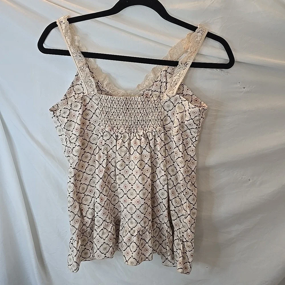 LEI Cream Diamond Pattern Babydoll Cami Tank Top Lace Trim Padded Bra Y2K 90s XL